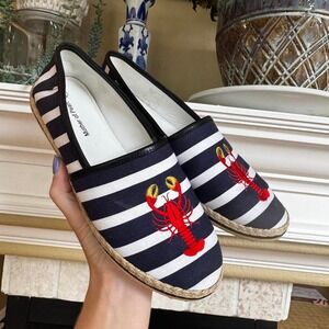 Mother of Pearl navy white stripe embroidered lobster preppy coastal espadrille